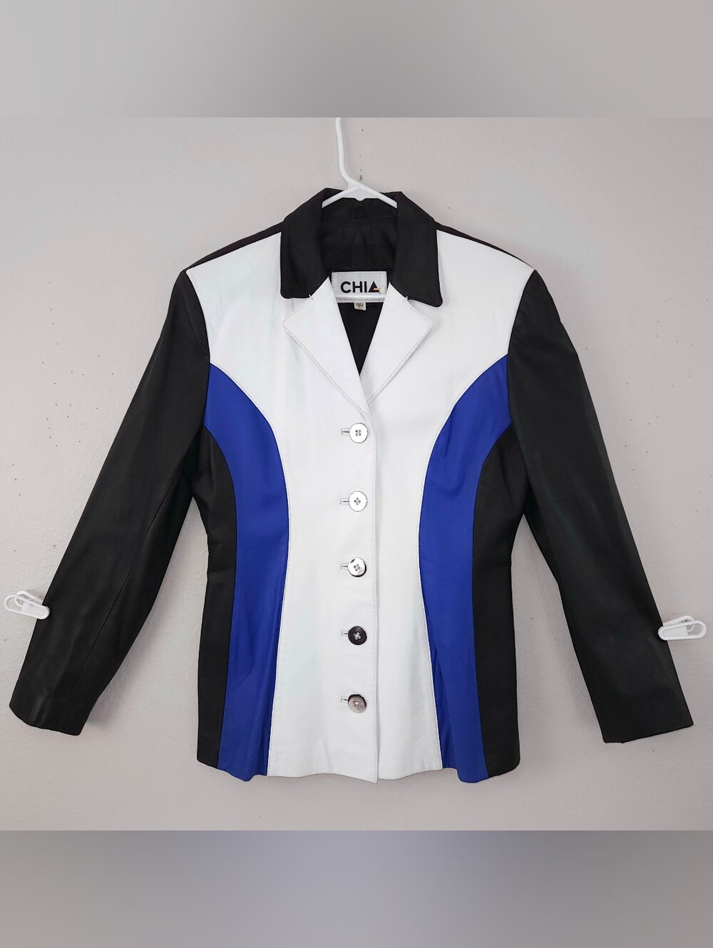 Vintage CHIA Leather Jacket Women's LARGE 80s Colorblock Retro Black Blue White